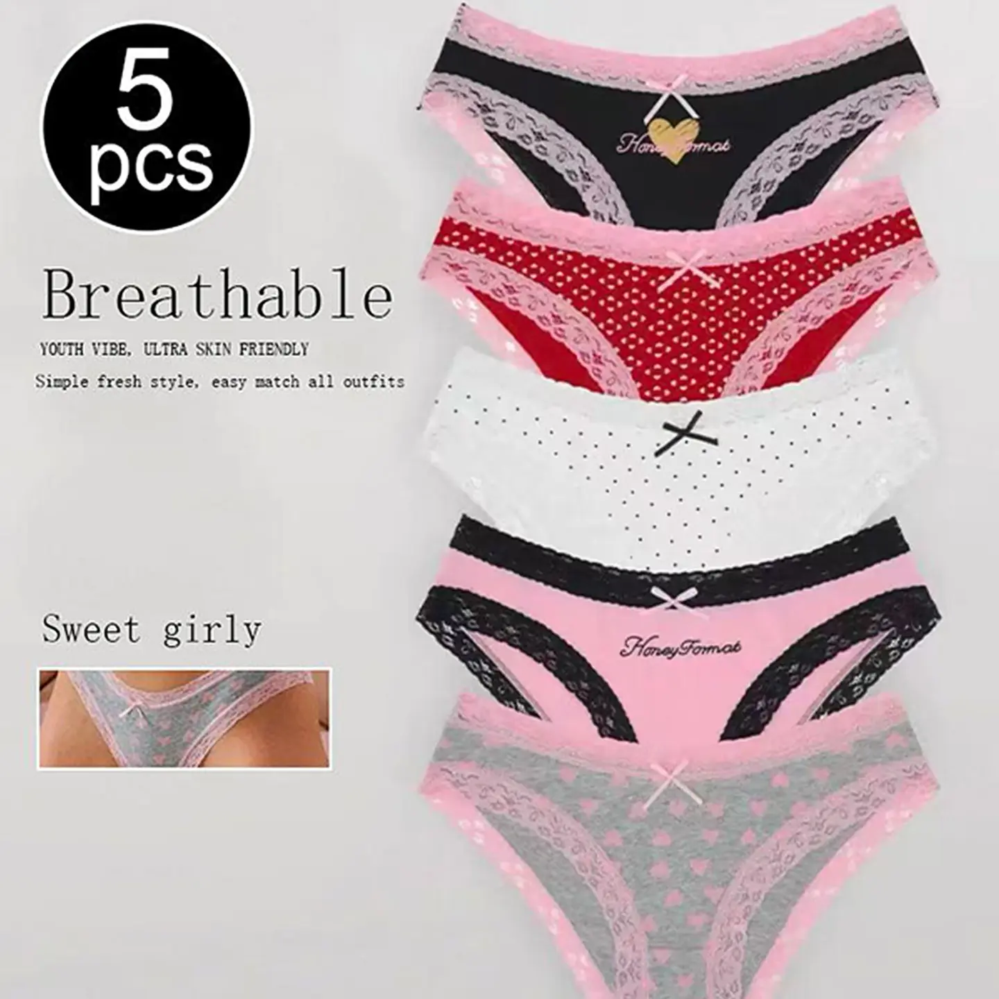 Payina Women's 5-Piece Soft Cotton Brief Set - Comfortable, Non-Itchy, Cool, Extra Soft Underwear for Women with Elegance-Infused Lace Heart Polka Dot Triangle Lingerie, Comfortable Cotton Briefs Soft Pastel Panty Womenswear campingessentials