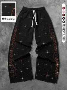Men's Street Style Rhinestone Letter Straight Leg Sport Pants, Casual Versatile Fashion, Comfortable Trendy Brand Clothing, Casual Sport Trousers