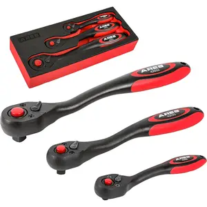 ARES 42033-3-Piece 72-Tooth Composite Ratchet Set - Chrome Vanadium Steel Construction & Full Composite Shell - Offset Handle - 72-Tooth Quick Release Reversible Heads ARES