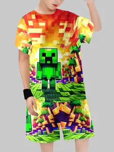 Boys' Minecraft Kawaii Pixel Short Sleeve Set, Cartoon Pattern Fitted Two-Piece, Casual Game Wear for Kids