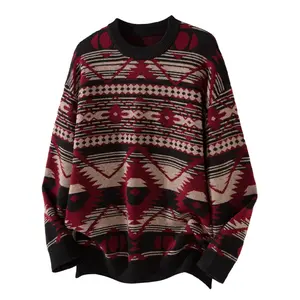 Autumn retro crew neck jacquard knitted sweater, men's new pullover jacquard knitted sweater, the same loose retro versatile casual no hat crew neck sweater for men and women, soft and comfortable fabric, suitable for daily wear