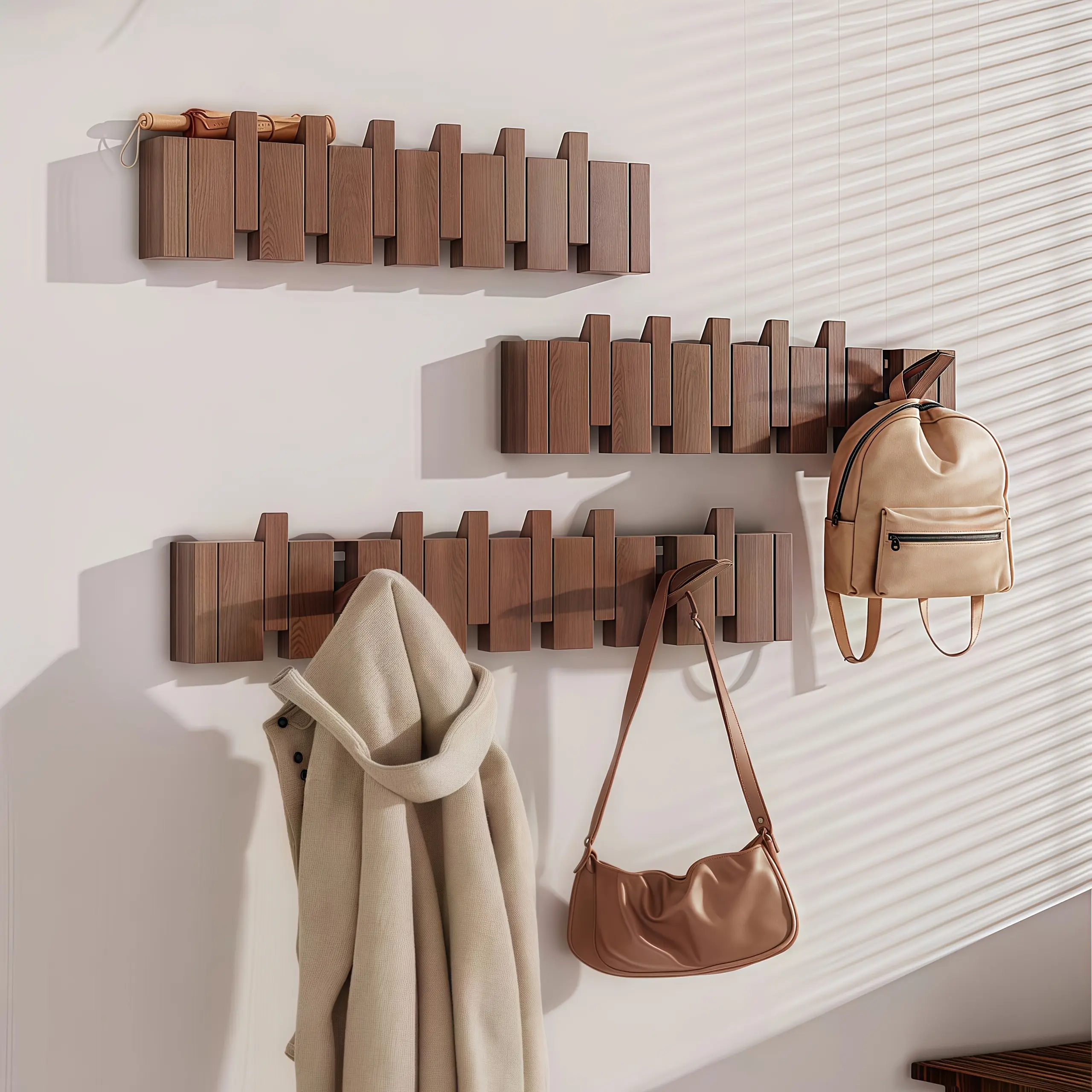 1pc Natural Wood Wall-Mounted Coat Rack with 10 Hooks - Piano-Shaped Accordion Design, Walnut Finish, Space-Saving Vertical Storage for Entryway, Bedroom, Bathroom - Easy Assembly, No Batteries/Electricity, Durable Multi-Purpose Organizer for Coats, Hats,