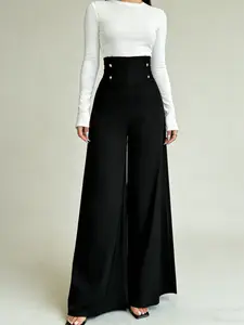 A pair of women's black high-waisted wide-leg pants with metal button details. This Chic business-casual style pant features a loose fit that flatters the figure and a drapey texture, suitable for daily commuting.