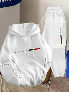 Men's Paris Letter Print Drawstring Hoodie and Waistband Sweatpants Set, Casual Long Sleeve Hooded Top and Joggers, Fall & Winter Wear