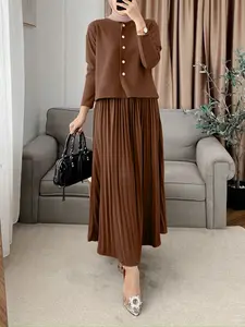 Women's Plain Color Set, Round Neck Long Sleeve Open Front Blouse + High Waist Pleated Skirt, Casual Commute Party, Two Piece Set Women