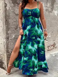 Women's Plus Size Fashion Sleeveless Floral Print Midi Dress, Elegant Loose-Fitting Split Design, Woven Fabric, All Seasons Wear