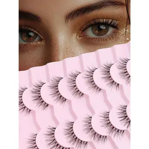 Natural Lashes False Eyelashes 10MM Short Lashes for Small Eyes C Curl Fake Eyelashes Thin Cotton Band 3D Volume Strip Lash Pack Soft Eyelashes 7 Pairs