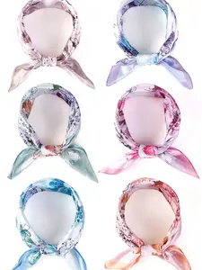 Multi Color Flowers Pattern Print Silk like Large Square Satin Headscarf Headdress Bandana Light Weight Scarf