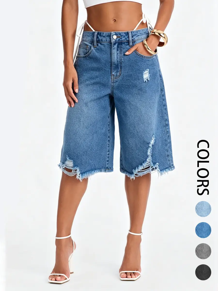 Women's High Waist Denim Bermuda Bottoms - 2000s Style Soft Washed Soft Denim Jort-Short Mix, Baggy Chunky Wide-Leg Frayed Hem Everyday Casual Shorts