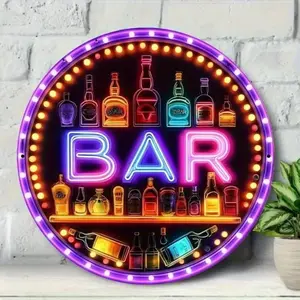 Retro Neon Light Bar Aluminum Sign Led Neon Lights Featuring Colorful Beverage Bottle Design Round Shape Perfect for Beach Villa Bar Wall Decor