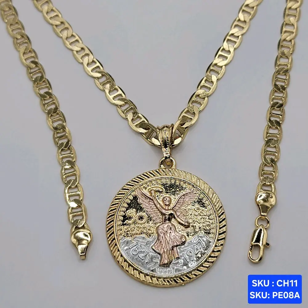 Beautiful Centenario Pendant 14k & 3 Color Laminated Gold  Mariner Chain 24 inches 6mm wide. SKU : CH11. SKU : PE08, PE08A