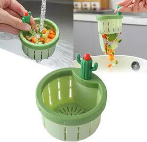 Upgraded Automatic Pressing Sink Filter, Cactus Sink Strainer, Kitchen Waste Collector Filter, Self-cleaning Drain Filter Basket, Kitchen Accessories Sink Drain Stopper and Cute Basket, Utensils (1, Green)