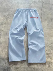 Unisex Blue Striped Wide Leg Pants, Letter Print, Casual Style, Breathable Comfort Design, Perfect for Daily Wear, Leisure, Home Use