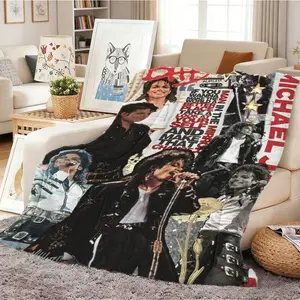 Michael Jackson Retro Collage Blanket - 1Pc, Intricate Music-Themed Artwork, Black-Red Aesthetic, Durable Fabric, Versatile Throw for Music Fans, Christmas Gift
