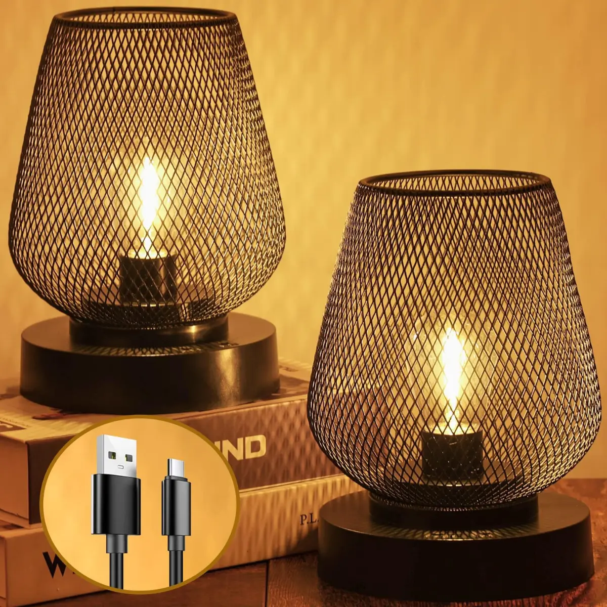 Battery Operated Outdoor Table Lamp 2 Pack with Metal Cage, Indoor/Outdoor Patio, Black Lamps with Bulb Included