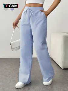 Women's Striped Print Drawstring Waist Wide Leg Pants, Casual Fashion Loose Pants, Casual Pocket Trousers for Spring & Fall, Women's Bottoms for Daily Wear
