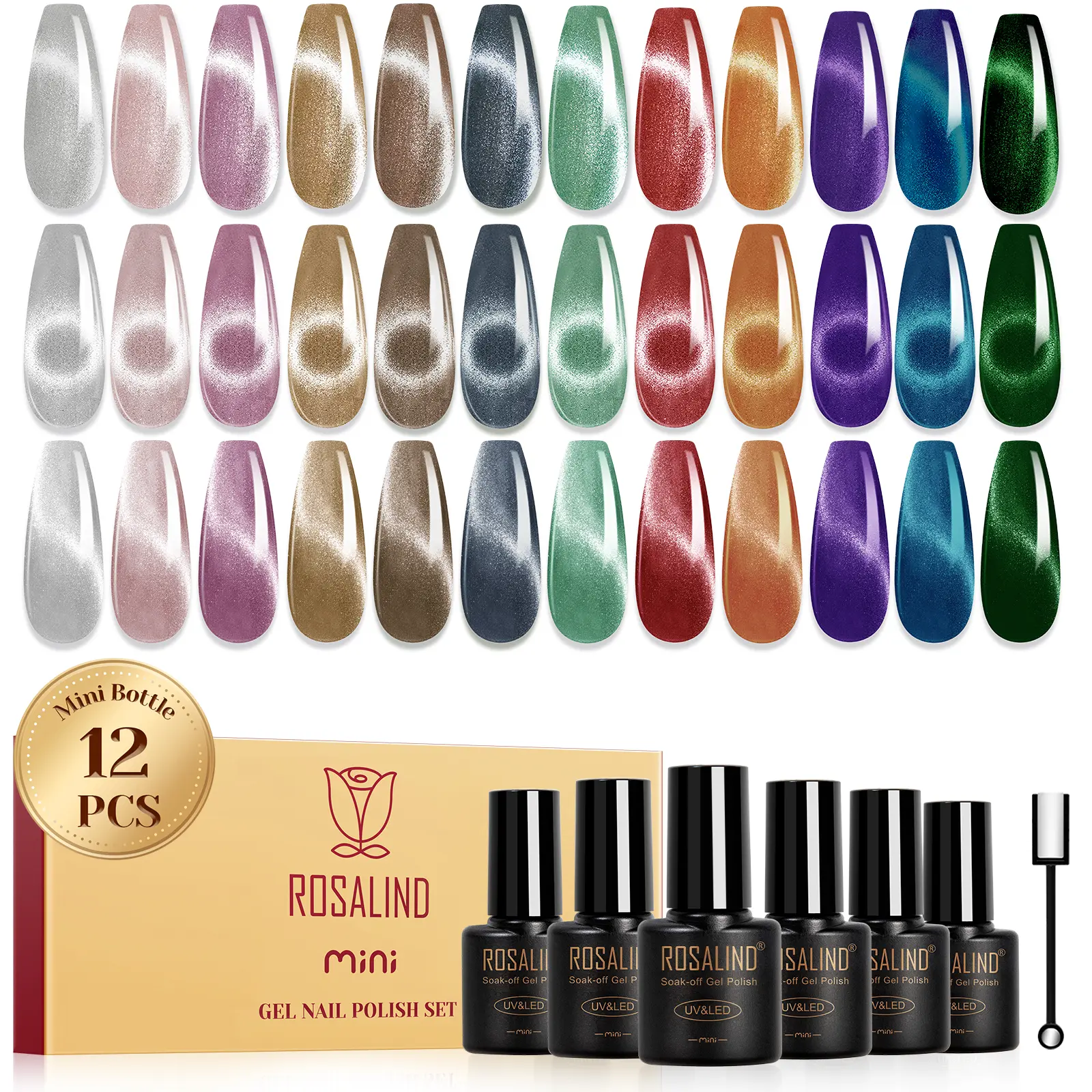 ROSALIND Crystal Cat's Eye Effect 12Pcs Gel Nail Polish Set Mini Bottle Pink Purple Color Nail Gel Polish Need Uv Nail Lamp to Dry