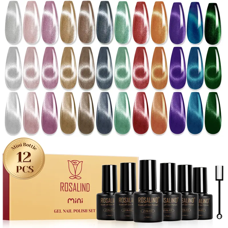 ROSALIND Crystal Cat's Eye Effect 12Pcs Gel Nail Polish Set Mini Bottle Pink Purple Color Nail Gel Polish Need Uv Nail Lamp to Dry