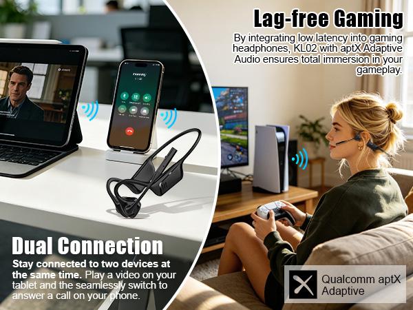 2B2C LK02 Bluetooth Air Conduction Headset with Mic, For Trucker Drivers, Open Ear Wireless Headphones with Bluetooth 5.1/Mute Function/aptX-HD/LL, for Online Meeting/Online Teaching/Office Home Business/Driving Wireless Bt Headset Aluminium Audio Silicon