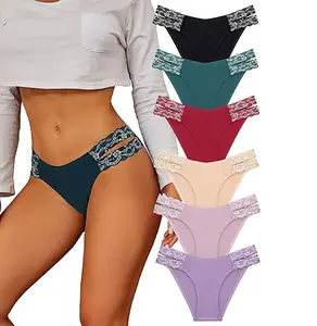 FINETOO Seamless Underwear for Women Cheeky Bikini Panties High Cut V-waist Lace Underwear Women Cute Bikinis 6 Pack