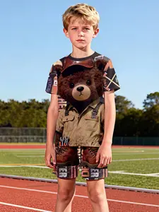 Two-piece kids outfit for boys with cargo bear design, short-sleeve and shorts set, 100% polyester casual and loose-fitting suit, summer fun printed pattern, outdoor sports T-shirt set, perfect gift for boys