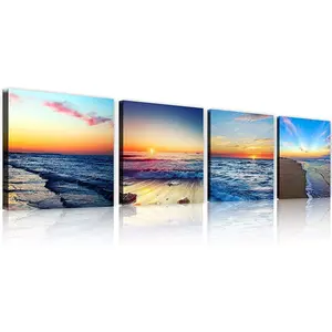 4 pcs Wall Art Beach Canvas Sea Sunset Sunset Beach Wall Art Ocean Canvas Prints Wave Canvas Stretched and Framed Pictures