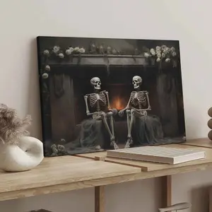 1Count Wooden Frame Canvas, Romantic Skeleton Couple By Fireplace, Exquisite Decorative Artwork Poster, Fashion Bedroom Decoration, Modern Art Home Poster, Waterproof High Definition Printing, Ideal Gift, Art, Western Wall Art