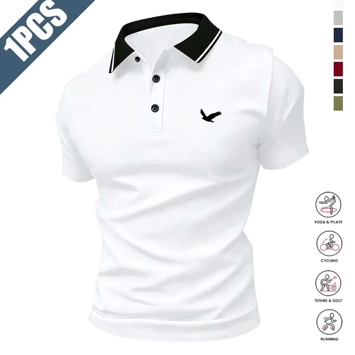 Solid-color men’s polo shirt with seagull print, made from comfortable polyester fabric, featuring a stylish, versatile design suitable for golf, weekend outings, and business casual wear. Available in multiple colors.