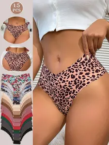 5/15 Pcs Fall Winter Marled Color Wave Edge Seamless Triangle Briefs, Butterfly Leopard Print, Comfortable Breathable Underwear, Women Panties for All Seasons