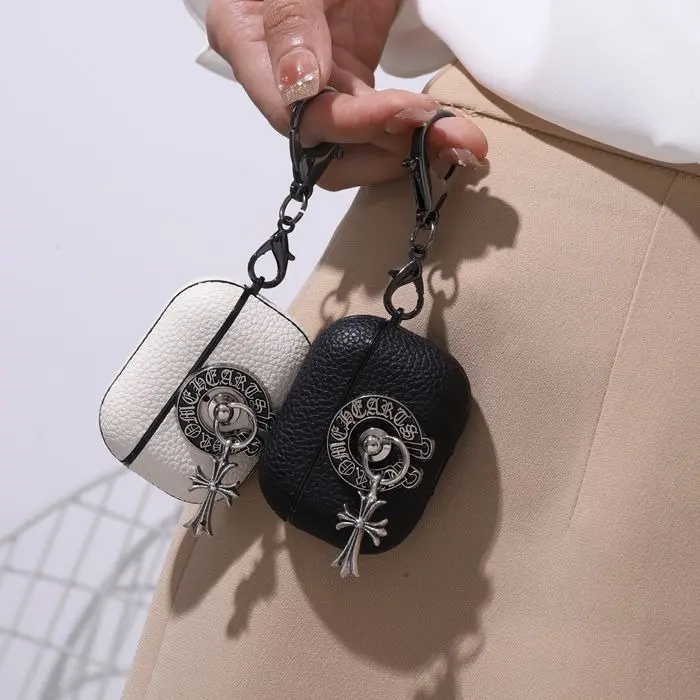 Gothic Cross Charm Earbud Protective Case Pebbled Faux Leather Portable Keychain Holder