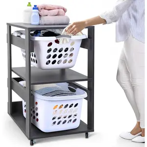 Laundry Basket Holder Shelf (2-Tier) - Stackable Engineered  Laundry Tower with Wheels, Tiered Laundry Hamper Organizer for Bathroom, Bedroom