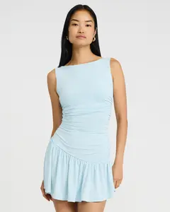 Express Boat Neck Ruched Drop Waist Mini Dress