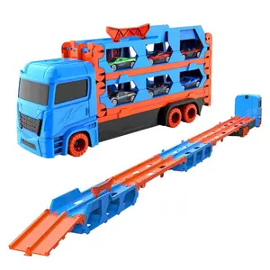 Truck with Ejection Race Track Deform Folding Storage Transporter 6 Vehicles Catapulting Metal Car Toy for Kids Boys Christmas Gift