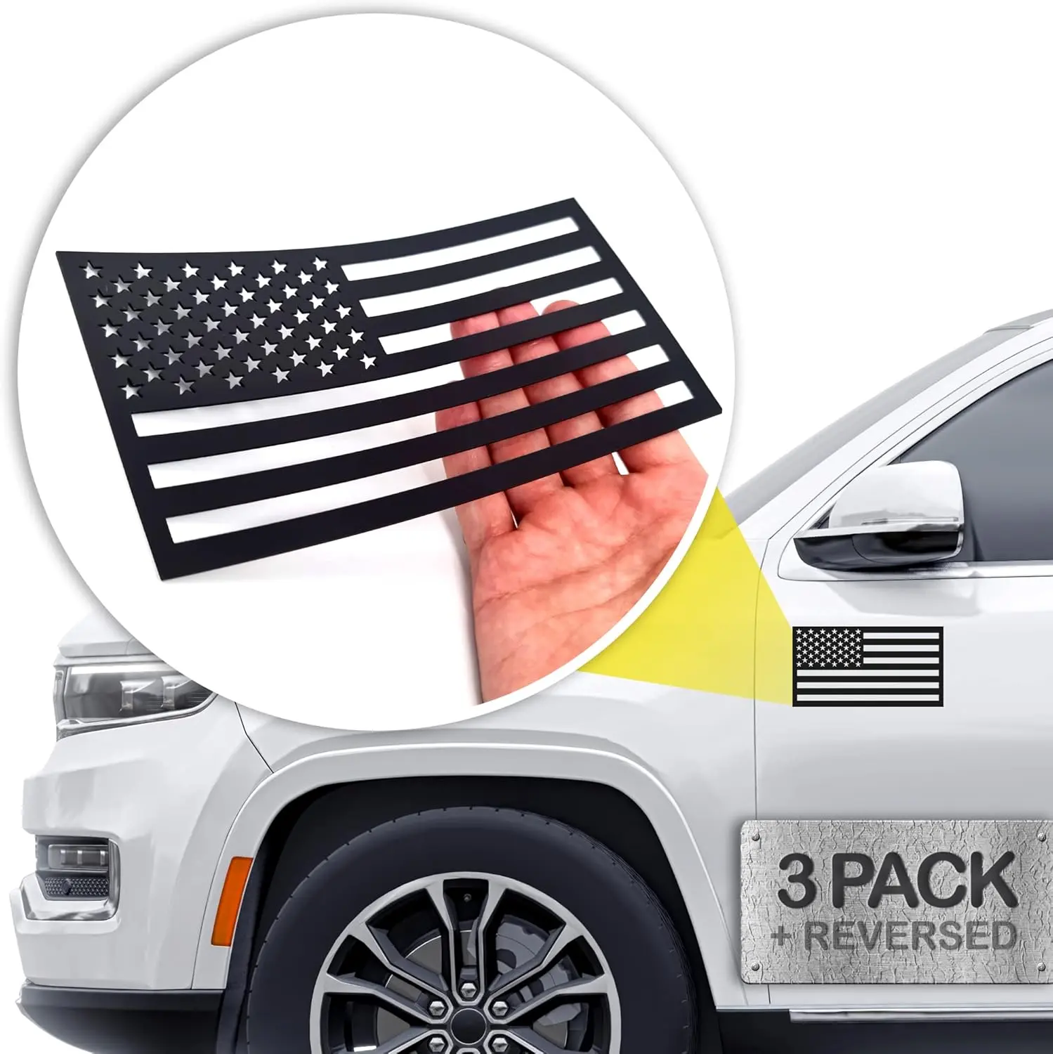 Premium American Flag for Trucks and Cars (3 Pack) + Bonus Reverse Design | Magnetic US Flags Cut-Out | Powerful Will Never Fall Off Your Vehicle | Black | Not for Aluminum Cars