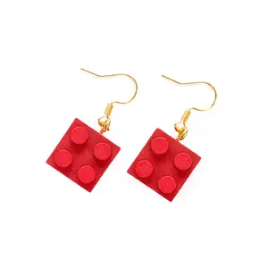 LEGO Compatible Wooden Brick 2x2 Dangle Earrings - Red | Eco-Friendly Jewelry