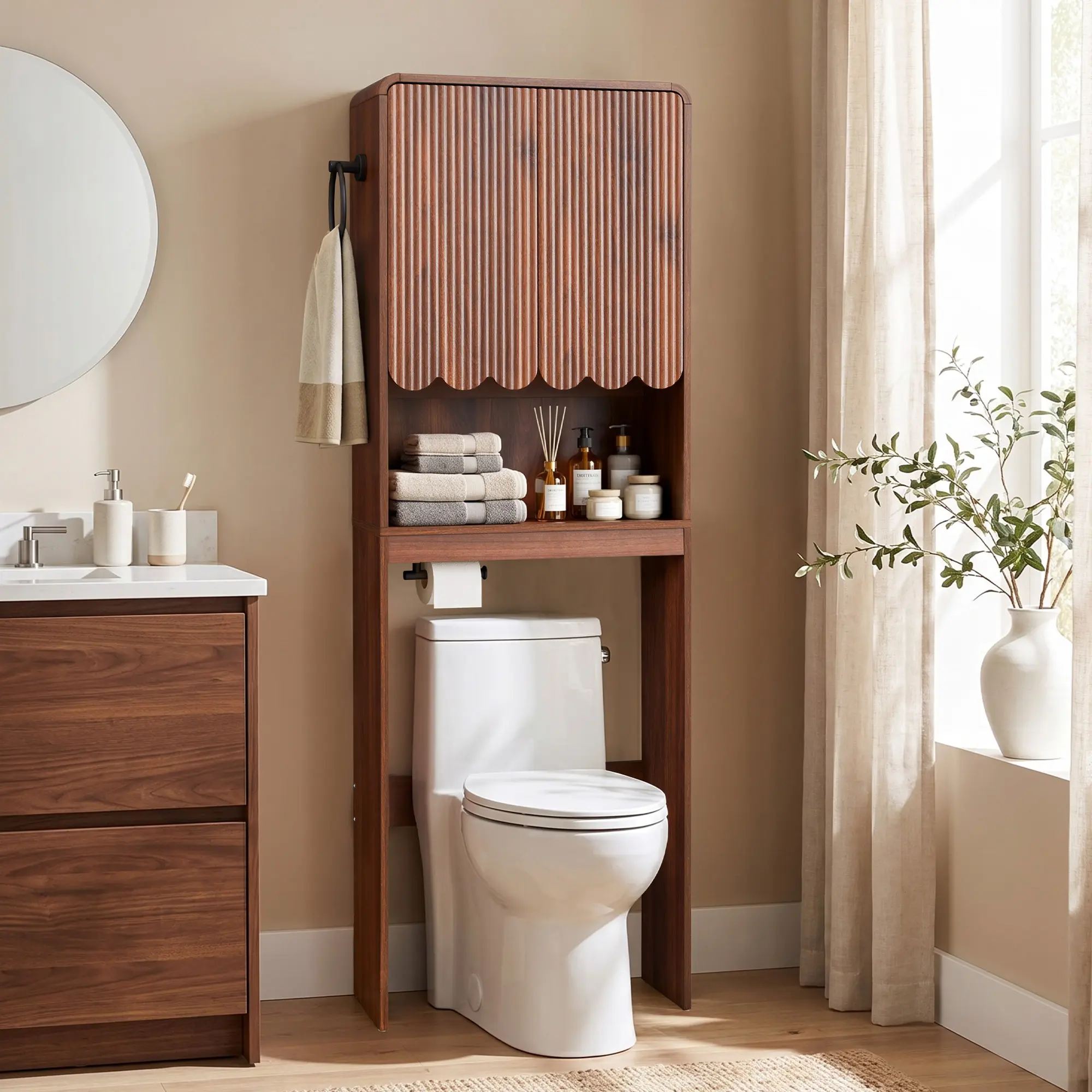 Giratree Fluted Over The Toilet Storage Cabinet with Paper Holder& Towel Ring,Walnut | Scalloped Above Toilet Storage with Adjustable Shelf,Behind The Toilet Storage Cabinet, Mid Century Wood Bathroom Storage