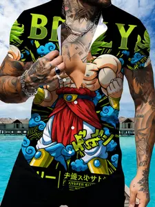 Dragon Ball Broly Theme Short Sleeve Shirt, Men's Cartoon Anime Printed Casual Top, Summer Beach Shirt, Menswear