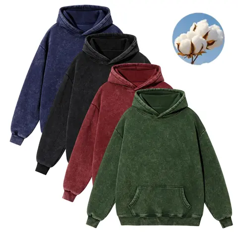 Men's vintage washed hoodie, solid color wash design with kangaroo pocket.This cotton-blend fabric is skin-friendly and soft, offering a versatile casual street-style top suitable for everyday wear, home leisure, and school/campus life.Available in packs