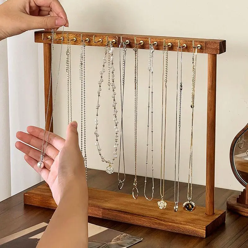 Wooden Beads Decorative Display Stand, 1 Count Vintage Necklace Display Rack, Jewelry Display Stand, Hanging Home Organizer for Necklace, Bracelet, Jewelry