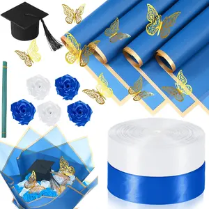 75 count Graduation Gifts Flower Bouquet Wrapping Paper Kit 2026 DIY  Roses  Bouquet Ribbon Artificial Rose for Craft Floral Paper with  Graduation Cap Butterfly Decor(Blue)