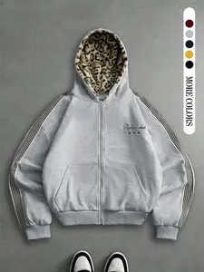 Men's Trendy Hooded Sweatshirt, Vintage Style, Knitted Hooded Cardigan, Plush Leopard Print, Comfortable, Casual Fashion, Perfect Gift, Pockets