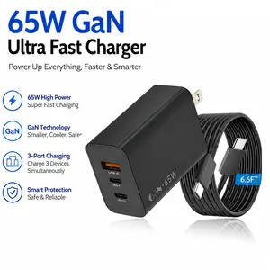 65W GaN Super Fast Charging Wall Charger, 2 USB-C ports + 1 USB-A port, comes with a 6.6-foot (2-metre) USB-C cable, compatible with Galaxy S26+/S25/S24/S23/S23+/S22/S22+/S21/Z Fold 3/iPad Pro, suitable for Nintendo Switch/iPhone 17/16/15/17 Pro Max