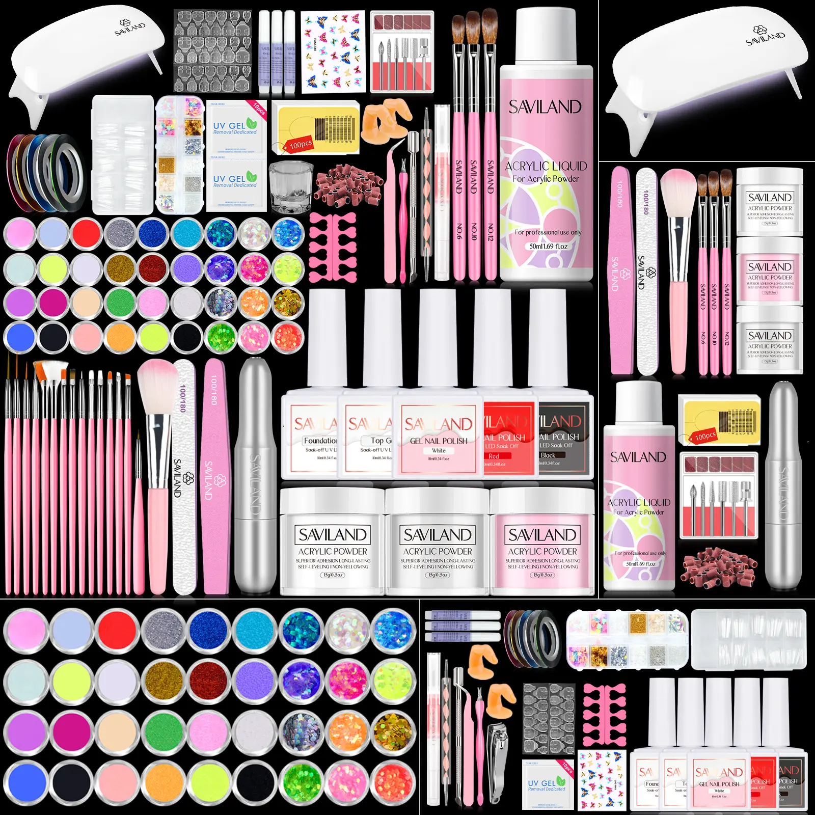 SAVILAND Acrylic Nail Kit with Drill: All-in-One Professional Acrylic Nail Set for Beginners with UV Light, 3 Gel Polish Colors, Nail Art Decorations & Essential Tools for Home Salon Use, Perfect Christmas Gift
