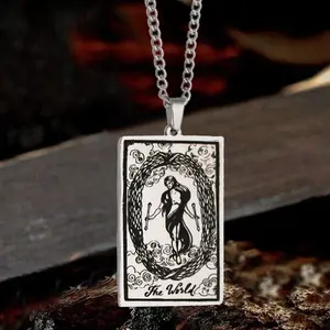 GTHIC The World Major Arcana Tarot Stainless Steel Necklace Squard Card Necklace for Daily Wear