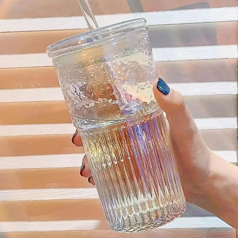 Casual Stripe Clear Glass Water Cup, 650ml Tumbler Cup with Straw, Portable Water Bottles, Drinking Cup for Home Office Use, Drinkware for Women & Men