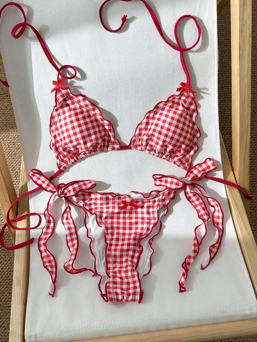 Red White Striped Gingham Bikini Set - Cute Retro Side Tie Waist Cinch Bust Enhancing 2PC Summer Beach Swimwear