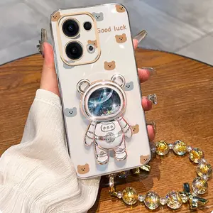 Reno13 Popular Series Golden Jewelry Strap Lanyard Phone Holder Case For Compatible With Oppo Reno 13 Plating Cover and Elegant Beautiful Lucky Bear Protector Cases