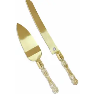 Wedding Cake  and Server Set, Cake  and Pie Spatula, Cake Server and  Set of 2 with Plastic Handles, Titanium  Plated ,  Set for Birthdays, and Parties (Glitter )