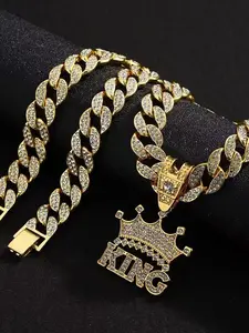 Hot-Selling Creative Full-Crystal Letter King Crown Pendant Necklace, Hip-Hop Alloy Water-Crystal Cuban Chain, Boho Style Jewelry