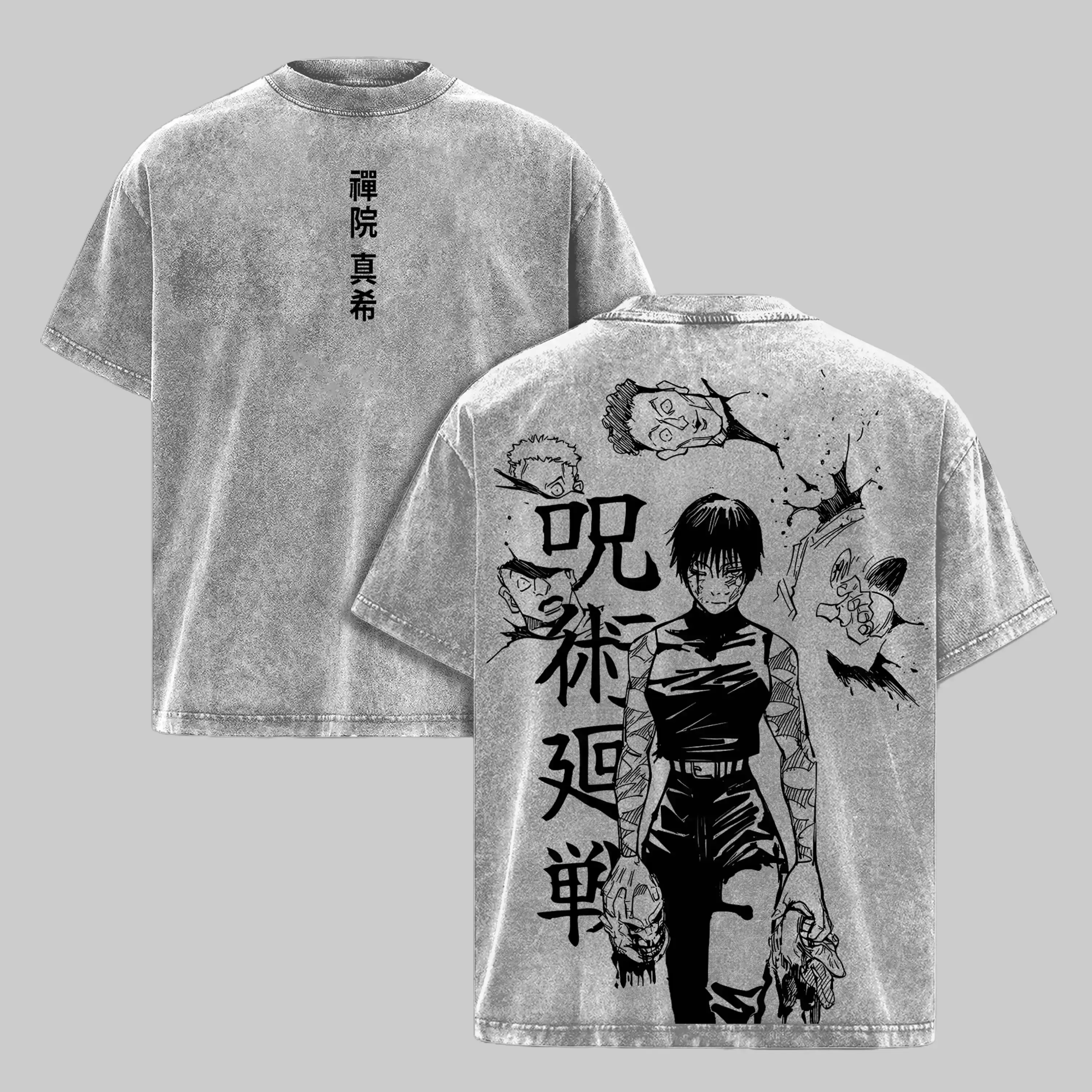 Men's Classic Seamless Jujutsu Kaisen Maki Zenin Graphic Print Streetwear T-Shirt - Unisex Heavy Cotton Top, Vintage Washed/Acid Wash, Oversized Soft Round Neck Short-Sleeve Apparel with Dark Aesthetic Heavenly Restriction Rib Design